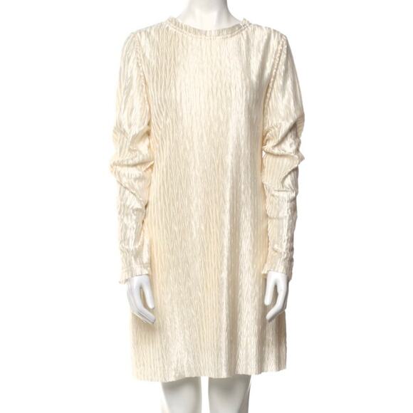 Anna Quan Crinkle Pleated Ivory Cream Long Sleeve Satin Shift Mini Dress 10 - Picture 1 of 8